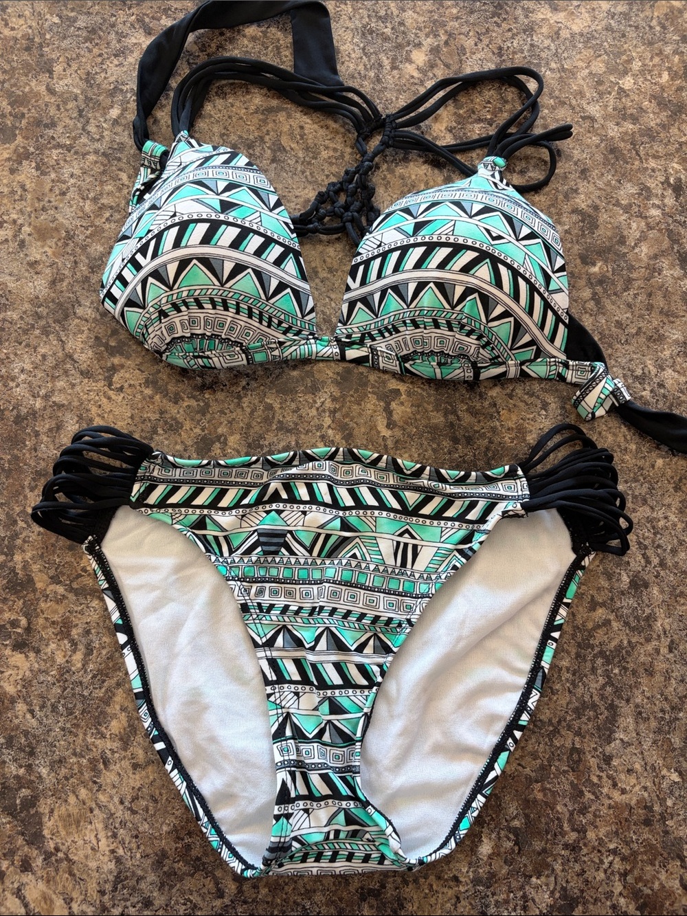 Malibu Black & Mint Aztec Print Push-Up Bikini Set